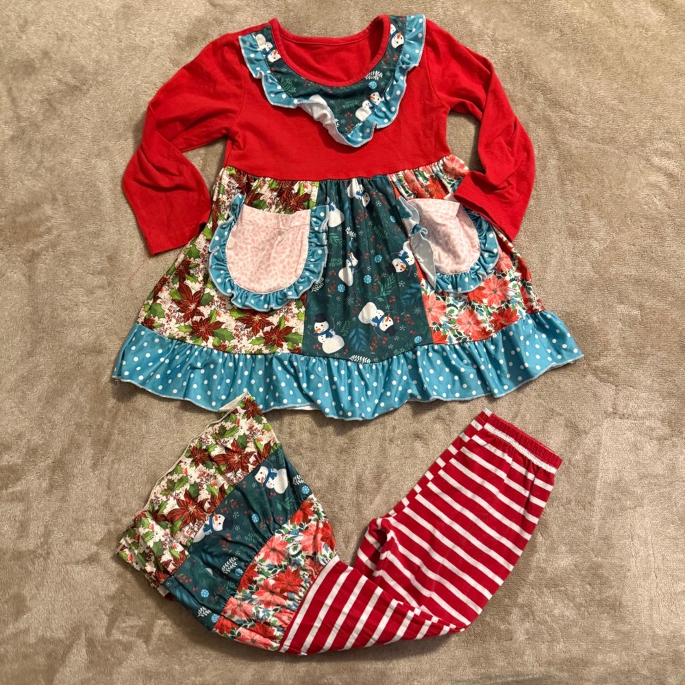 Kids Christmas Patchwork Tunic & Bell Bottom Pants Set Snowman Poinsettia 4T